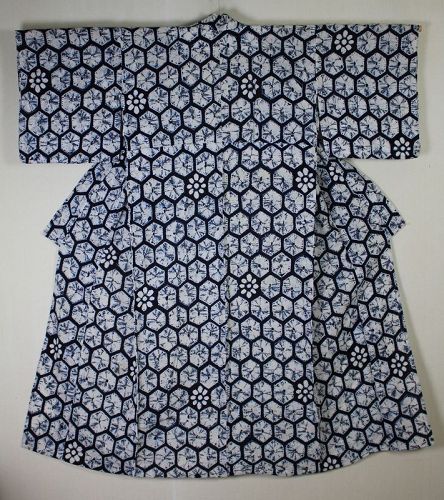 Japanese Antique textile indigo shibori cotton Kimono Taisho.
