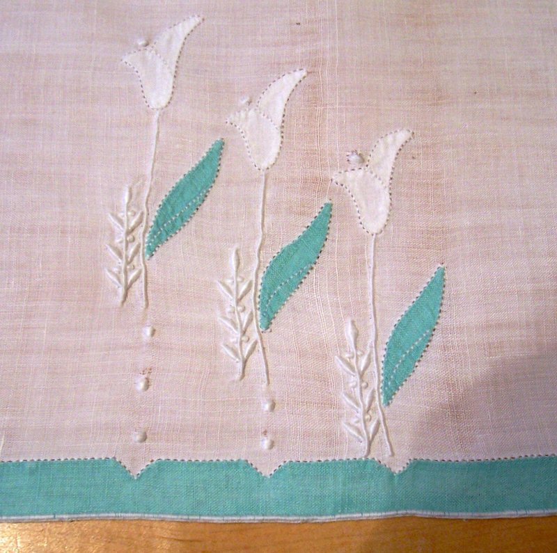 Appliqued Tea Towels w/ Drawn Threadwork and Embroidery