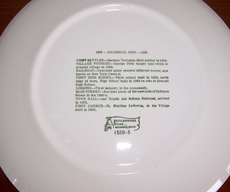 Ceramic Plate Archbold Area Centennial, Ohio 1866 -1966