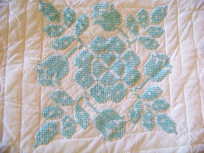 Hand-quilted, Embroidered Cross-Stitch Quilt