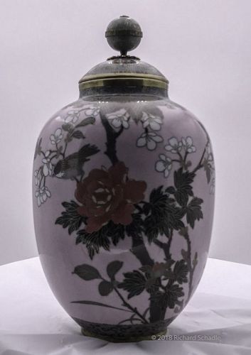 Japanese cloisonné lidded jar with birds and flowers