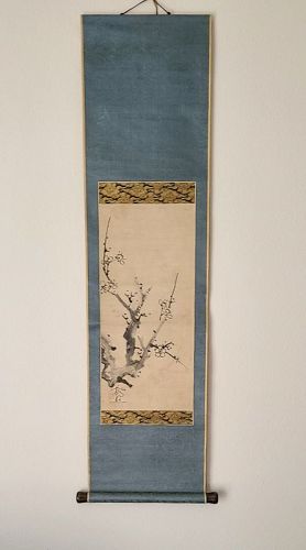 Scroll, ink on paper of plum branch by famous artist Ike no Taiga 1723