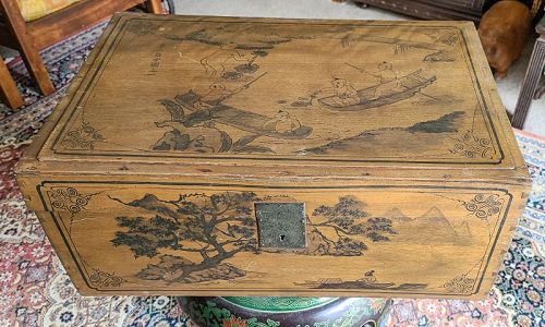 Signed Qing ink painting on wood document box hand forged iron fitting