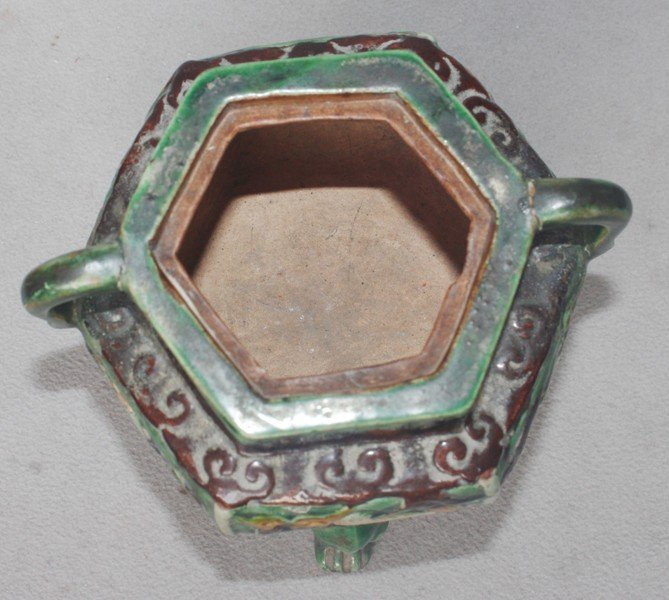 Chinese Hexagonal Sancai Glaze Tripod Censer