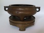 Chinese Qing Dynasty Bronze Censer and Stand, Xuande Mark