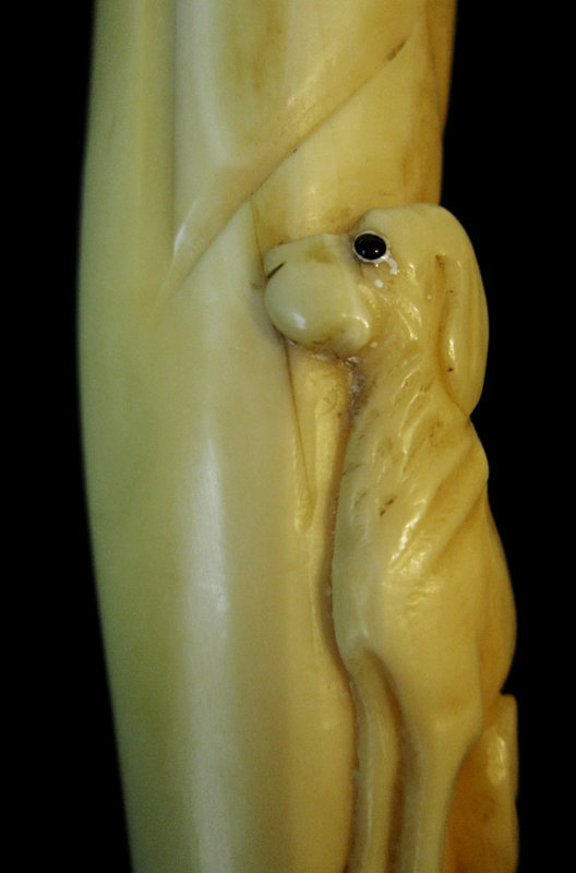 Victorian Ivory Dog Walking Stick, Carved in Relief