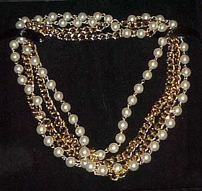 Nice long faux pearls and goldtone chain necklace
