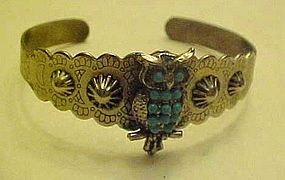 Vintage turquoise & silver look owl  clamp bracelet,