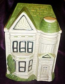 Green and Tan  ceramic Victorian house cookie jar