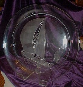 Large clear glass platter,  frosted glass sailing ships