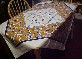 Vintage blue and gold print tablecloth 48 x 49
