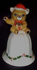 Bone china Santa teddy bear on wicker look bell