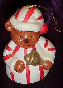 Porcelain teddy bear in striped pajamas bell ornament