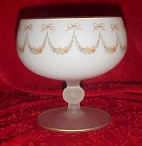 Elegant blown satin glass compote with floral swags