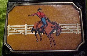 Vintage BTS Bronc rider brass and leather rodeo buckle