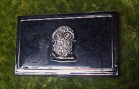 Shiny silvertone business card case with rhinestone owl