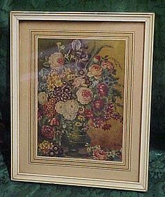 Vintage print of flowers and vase framed and matted