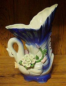 Pretty porcelain swan vase cobalt with applied flowers