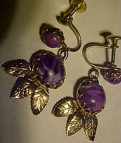 Vintage  silver tone purple marbled dangle earrings