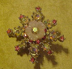 Vintage pink aurora rhinestone snowflake pin