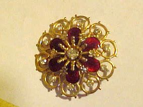 Vintage red enamel and rhinestone filigree pin