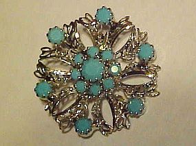 Vintage silver and turquoise rhinestone snowflake pin