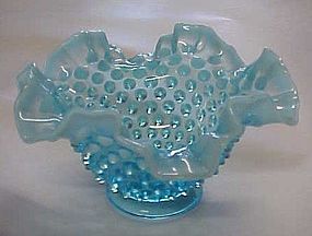 Vintage Fenton blue opalescent hobnail ruffled bowl