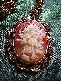 Vintage floral cameo pendant mirror w gold tone chain