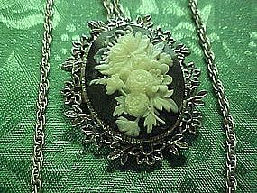 Vintage gray white faux cameo pin pendant combo w chain