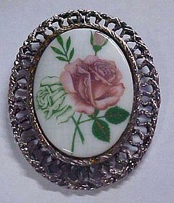 Large ceramic brooch pendant combo with pink rose