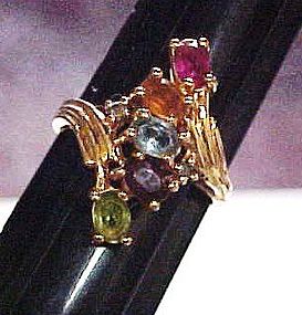 Multi color  NV rhinestone ring gold tone size10