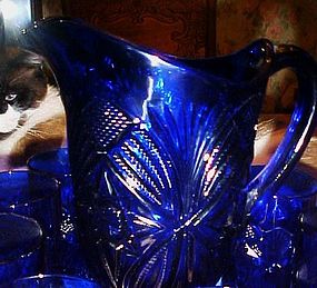 Mosser cobalt blue pressed pattern pitcher 8 glasses