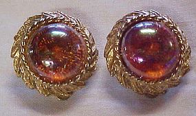 Vintage gold tone clip earrings, carnival color cabs