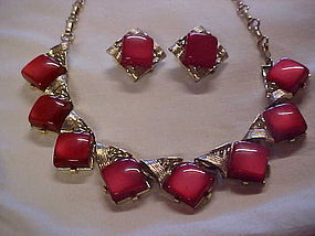 Coro red lucite moonglow choker and clip earrings