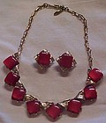 Coro red lucite moonglow choker and clip earrings