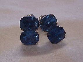 Vintage sapphire blue emerald cut rhinestone earrings