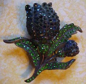 Vintage blue and green rhinestone tulip fur pin