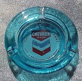 Vintage Chevron dealer blue glass ashtray gas & oil