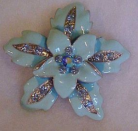 Vintage blue enamel flower pin with aurora rhinestones