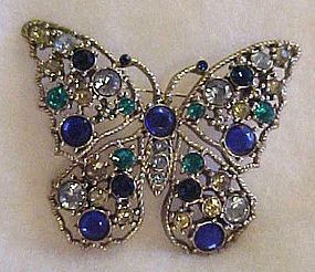 Vintage rhinestone butterfly pin in blue & green WOW!