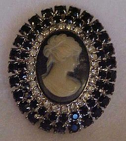 Vintage black rhinestone cameo pin