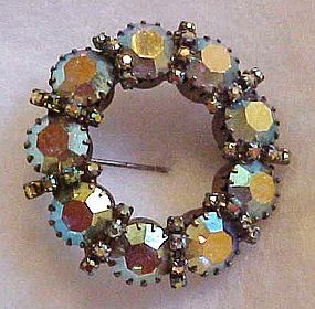 Large vintage blue aurora borealis circle pin / brooch