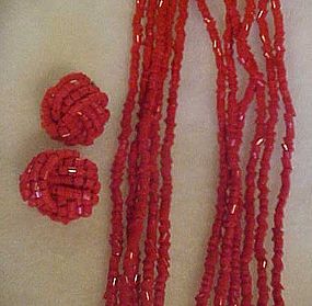 Old 6 strand red glass bead necklace with earrings set