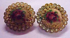 Austria rose needlepoint & rhinestone clip earrings