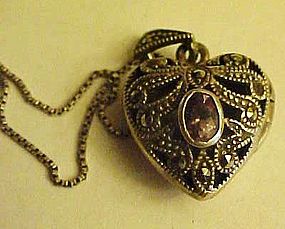 Gorgeous marcasite and amethyst heart locket and chain