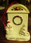 Happy Holidays 2003 porcelain ornament Snowman & door