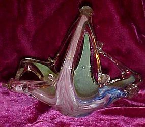 Murano hand blown Art glass basket, pink green & blue