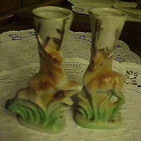 Vintage mini vases with deer, hand painted pair 4 1/8"