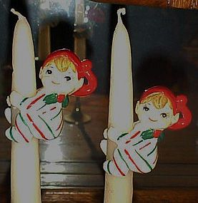 Vintage ceramic pixie elf candle climbers striped pjs