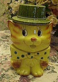 Vintage tabby cat cookie jar with polka dot tie and hat